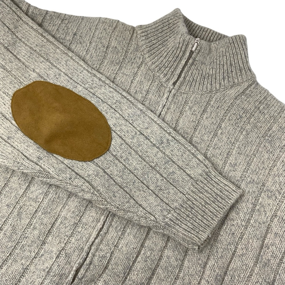 Orvis Mens Wool Blend Full Zip‎ Ribbed Sweater with Elbow Patches Oatmeal Medium